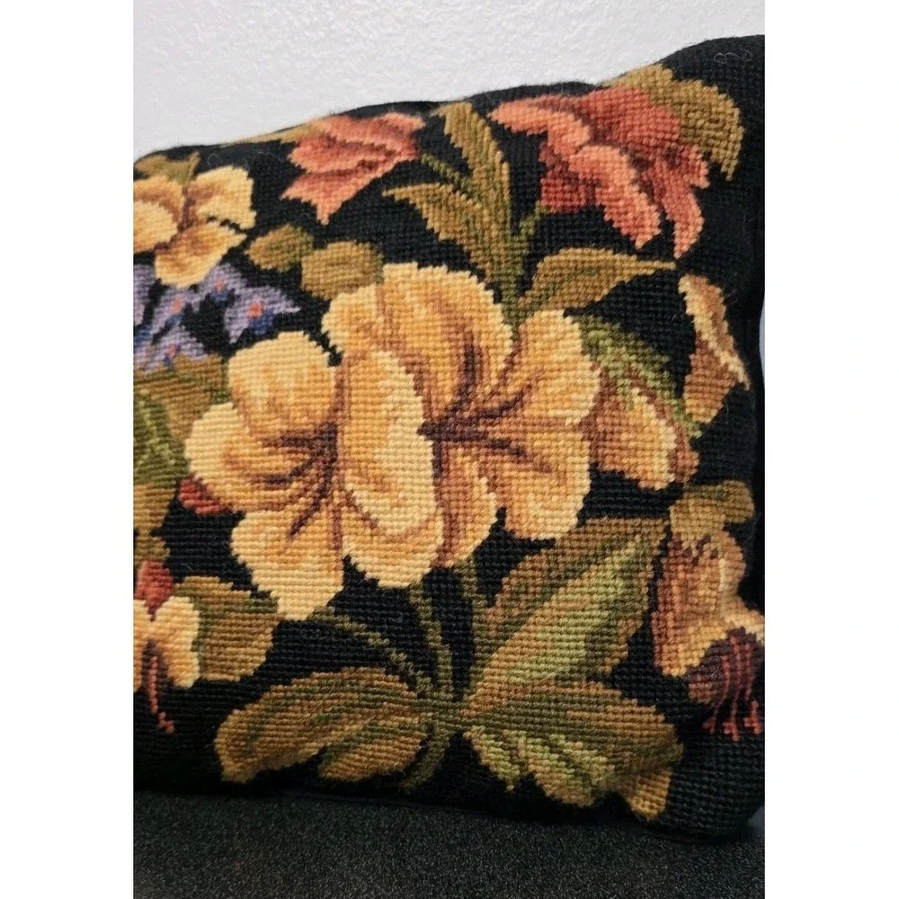 Floral Needlepoint Pillow Black Velvet Back Zip Cover 100%‎ Wool Cottagecore
